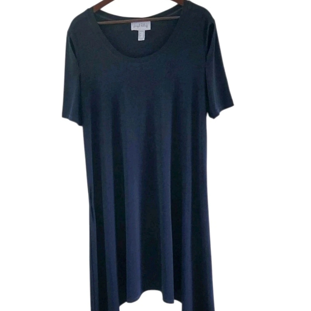 Joseph Ribkoff Navy Blue Pullover Slinky Dress Shoulder Open Sharkbite Size 14